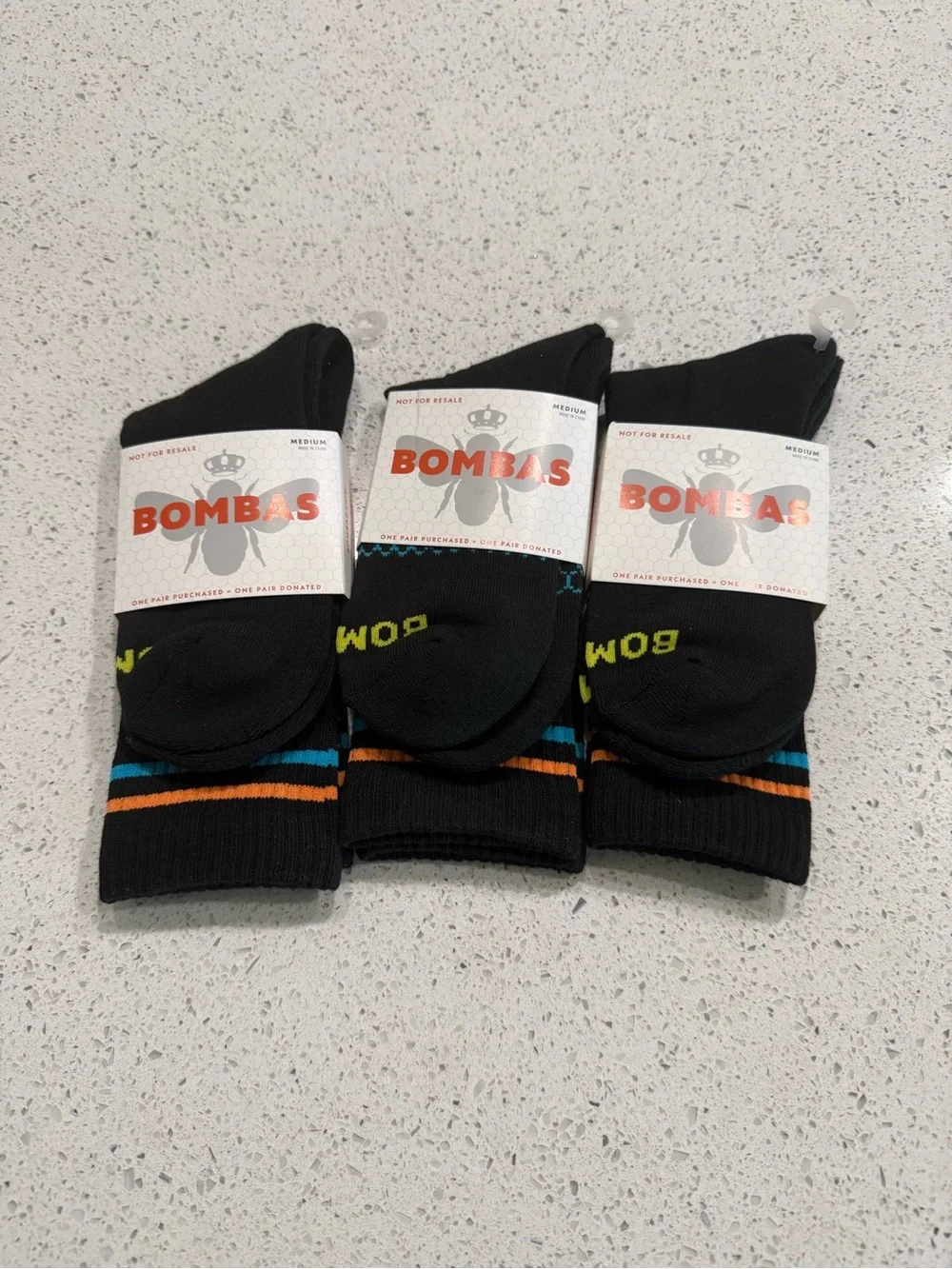 Bombas Black Crew Athletic Socks with Blue and Orange Stripes B2
